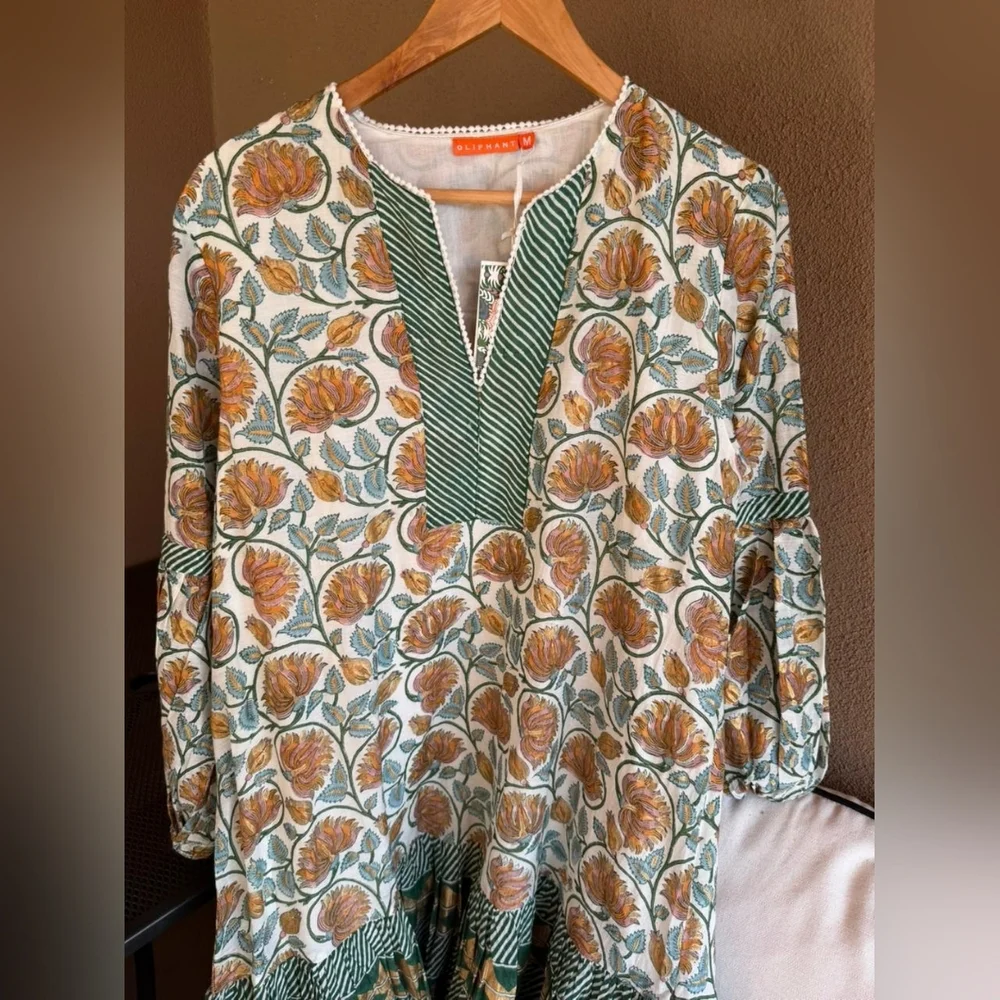 NWT Oliphant Green and Orange Floral Montenegro Amber Balloon Drop Mini Dress